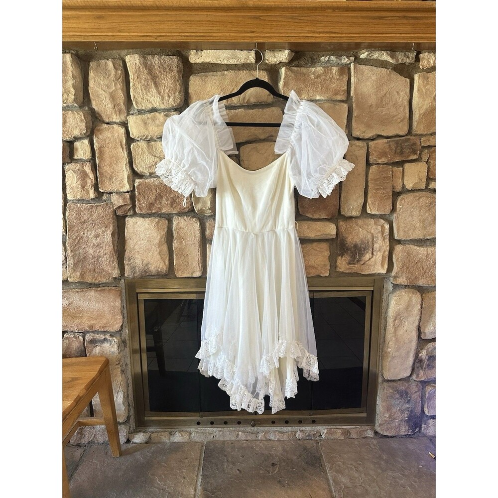 VTG 80s JO-ED SOPHISTICATES WHITE BRIDAL PUFF SLEEVE LACE RUFFLE DRESS SZ 7 USA